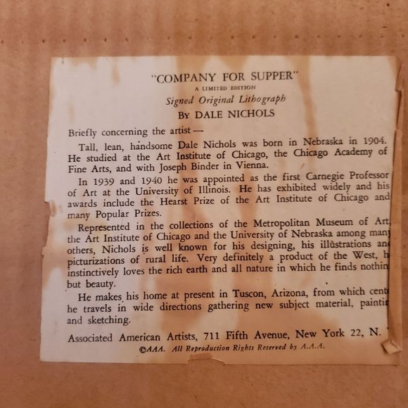 Company for Supper Signed Lithograph Dale Nichols 1948 - Picture 10 of 10